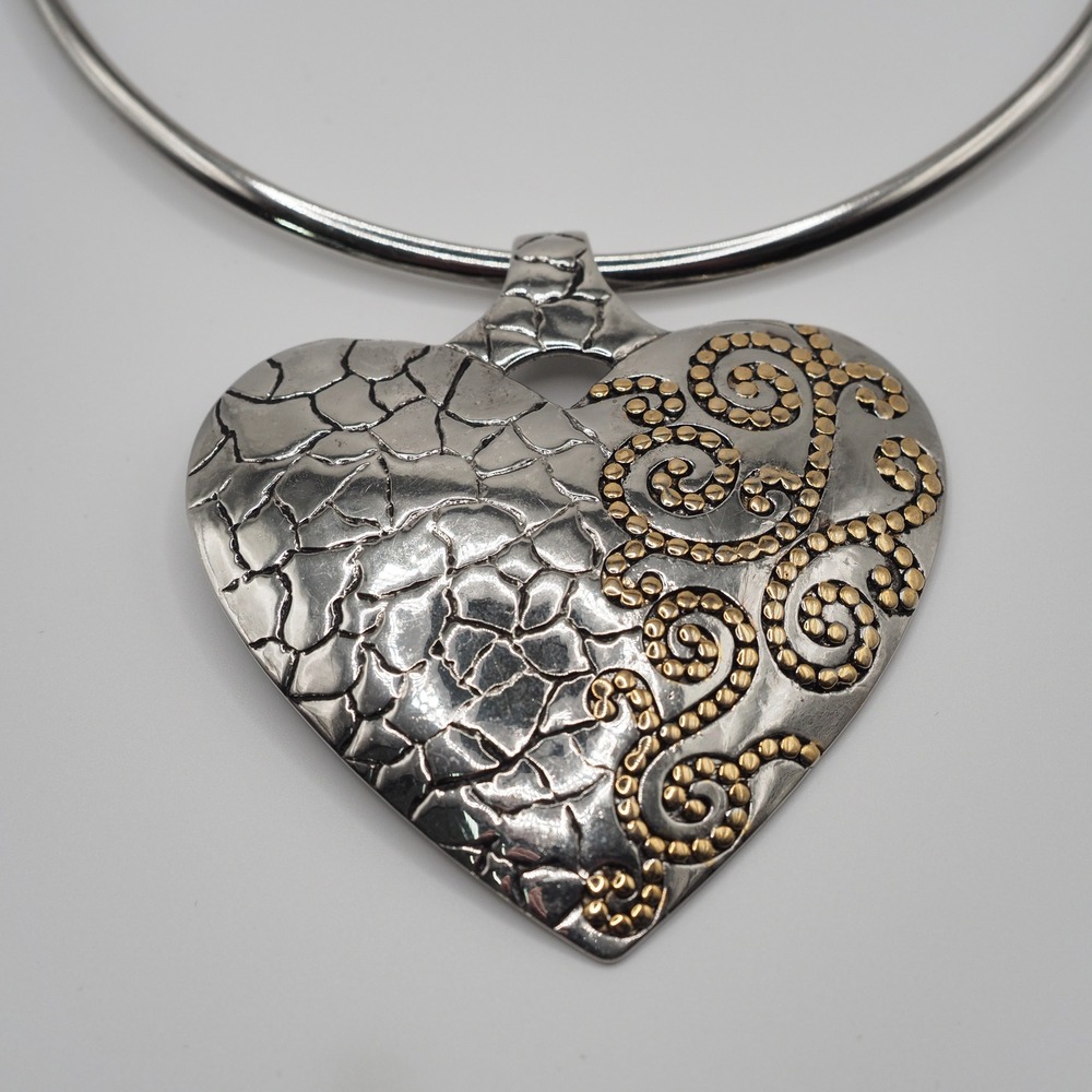Torque Necklace Puffy Heart Pendant Choker Scroll Silver Gold Two Tone Statement